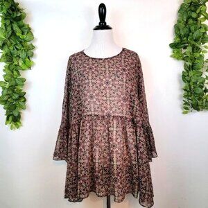 BCBGeneration Boho Kaleidoscope Abstract Sheer Ruffle Hem Top Black Olive Large